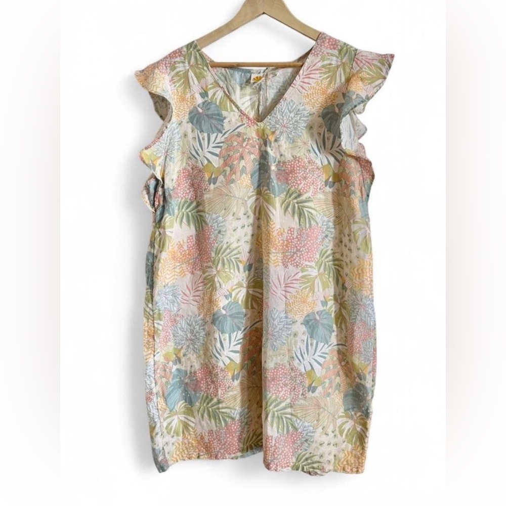C&C California Tropical Floral Linen Blend Shift Dress Ruffle Sleeve XL - Picture 3 of 7